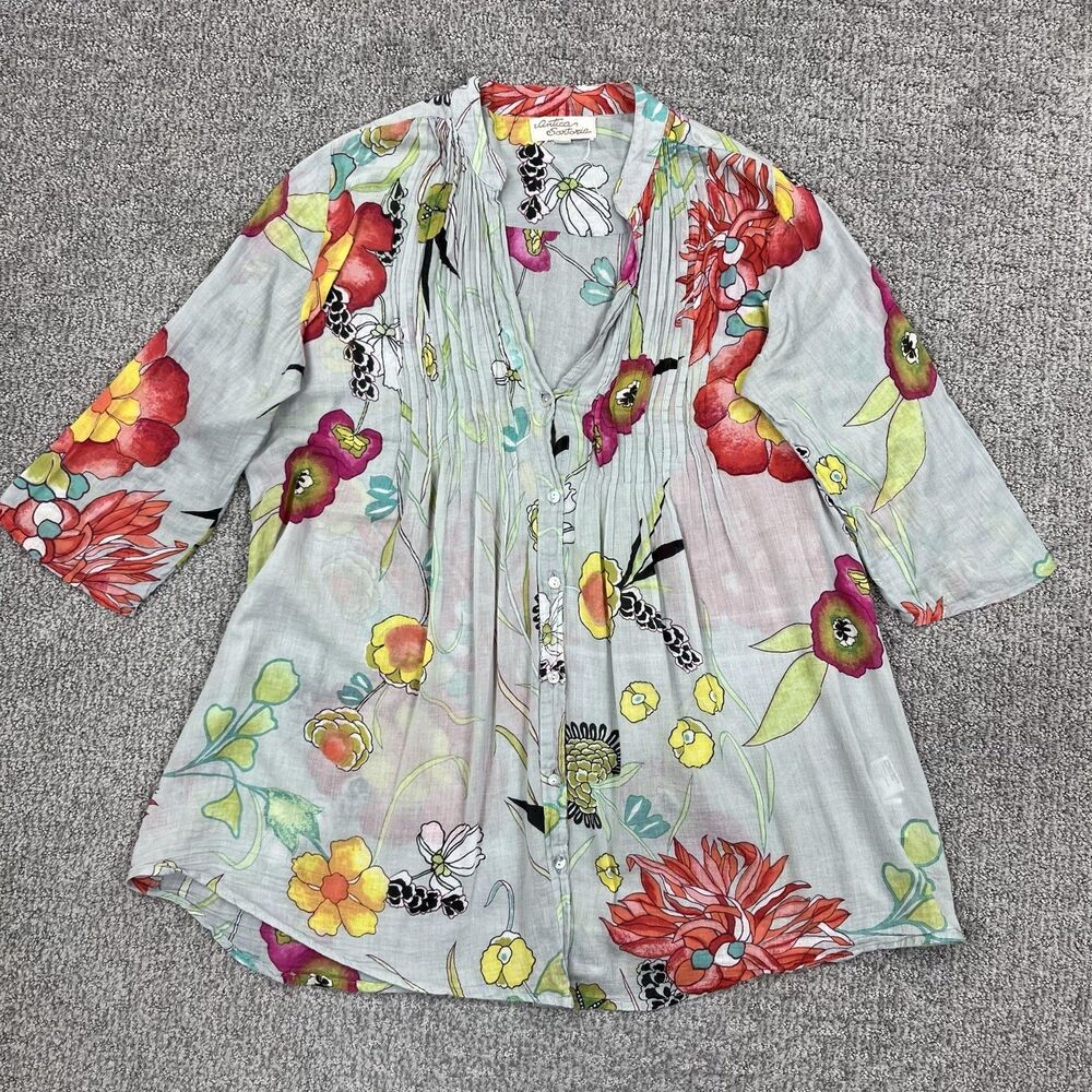Antica Sartoria Tunic Top Womens Small Multicolor Floral Button Boho 3/4 Sleeve